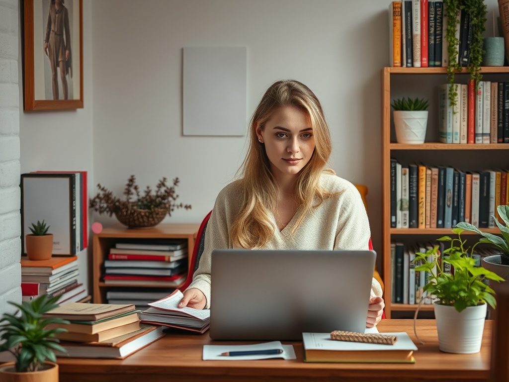 Молодая женщина работает за столом с ноутбуком, окруженная книгами и зелеными растениями. Комфортная обстановка.