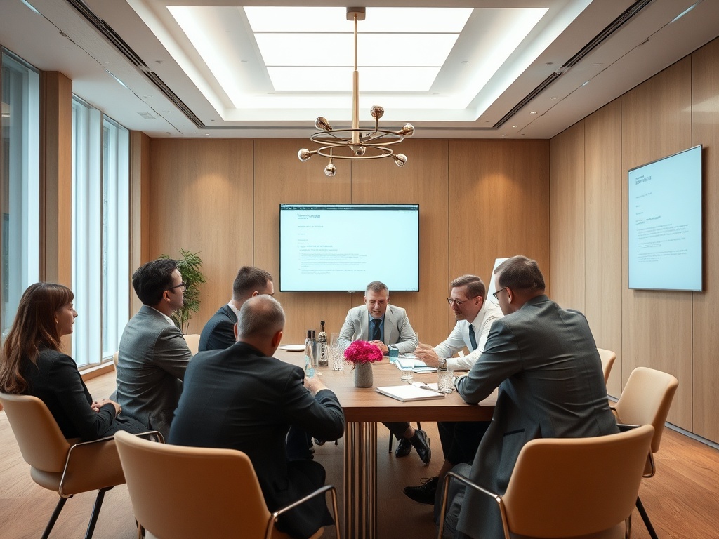 В конференц-зале группа людей обсуждает проект за столом, на стенах - экраны с информацией.