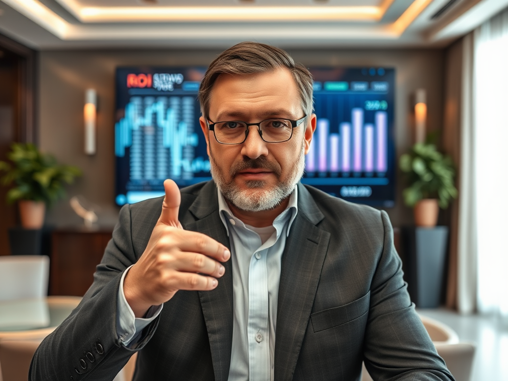 Деловой мужчина с бородой в костюме показывает жест одобрения на фоне графиков в офисе.