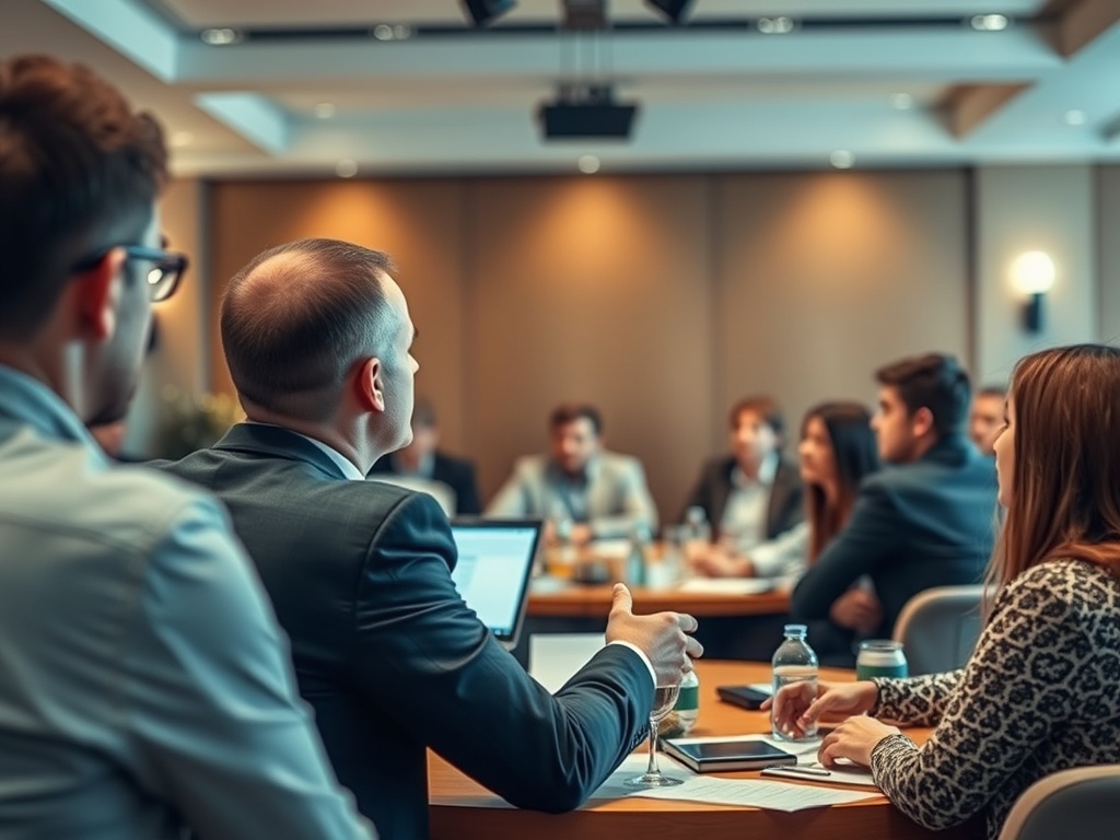 На совещании присутствуют люди в деловой одежде, обсуждают темы за круглым столом.