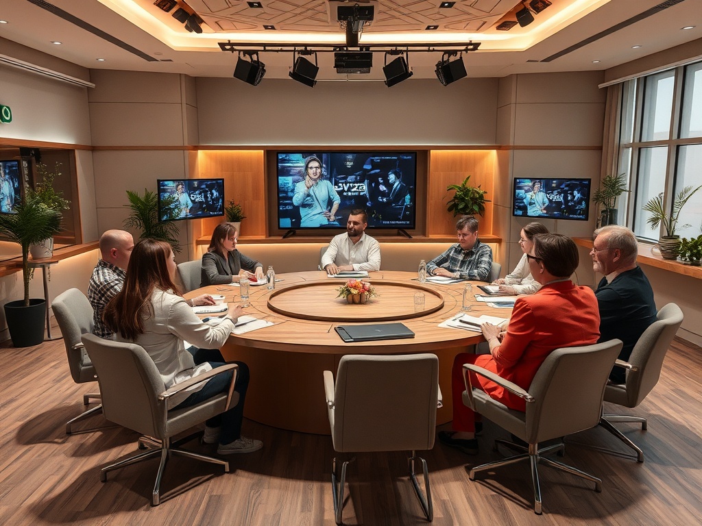 Группа людей обсуждает идеи за круглым столом в современном конференц-зале. На стенах экраны.