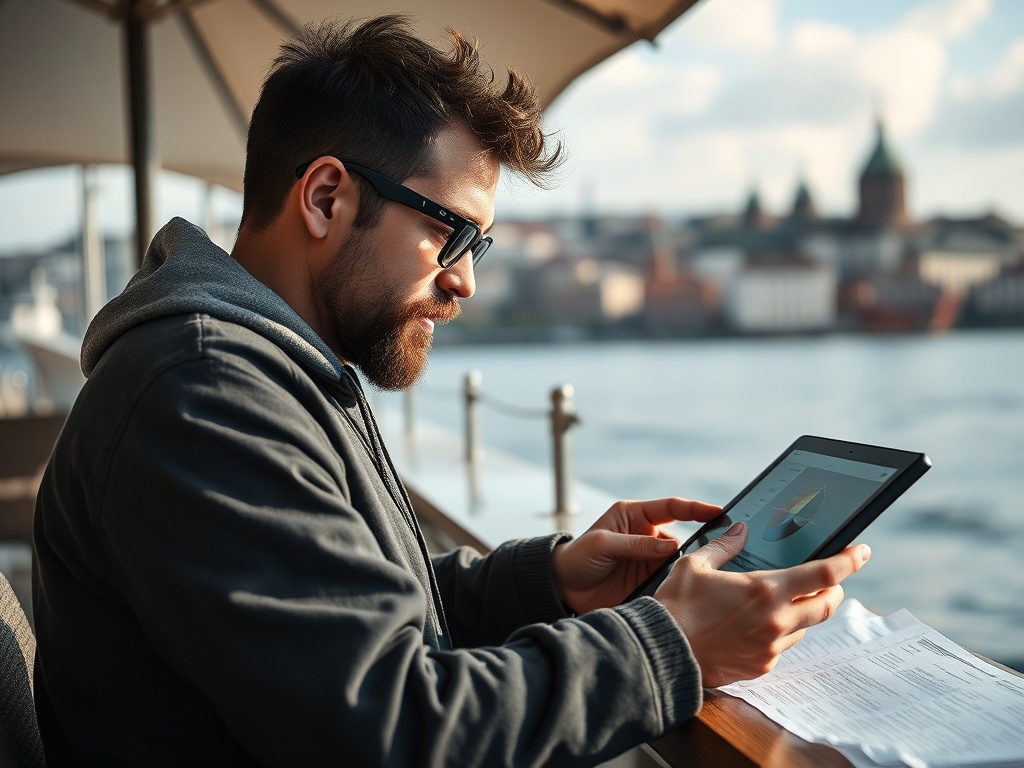 Мужчина в очках использует планшет на фоне воды и зданий, наслаждаясь моментом на природе.
