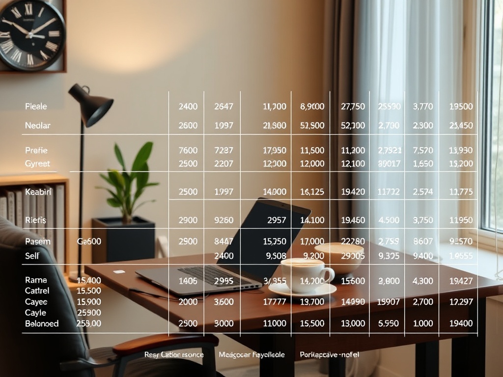 Таблица с данными, отображающая различные значения для разных категорий и параметров в интерьере.