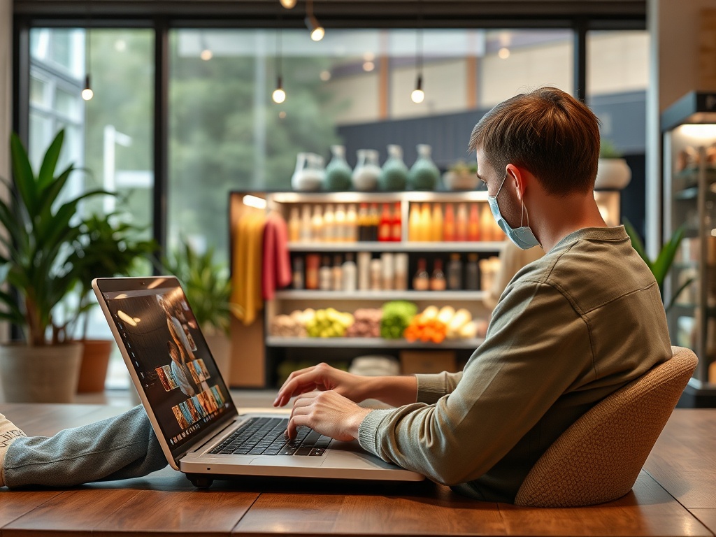 Человек в маске сидит за столом, работая на ноутбуке в кафе с зелеными растениями на фоне.