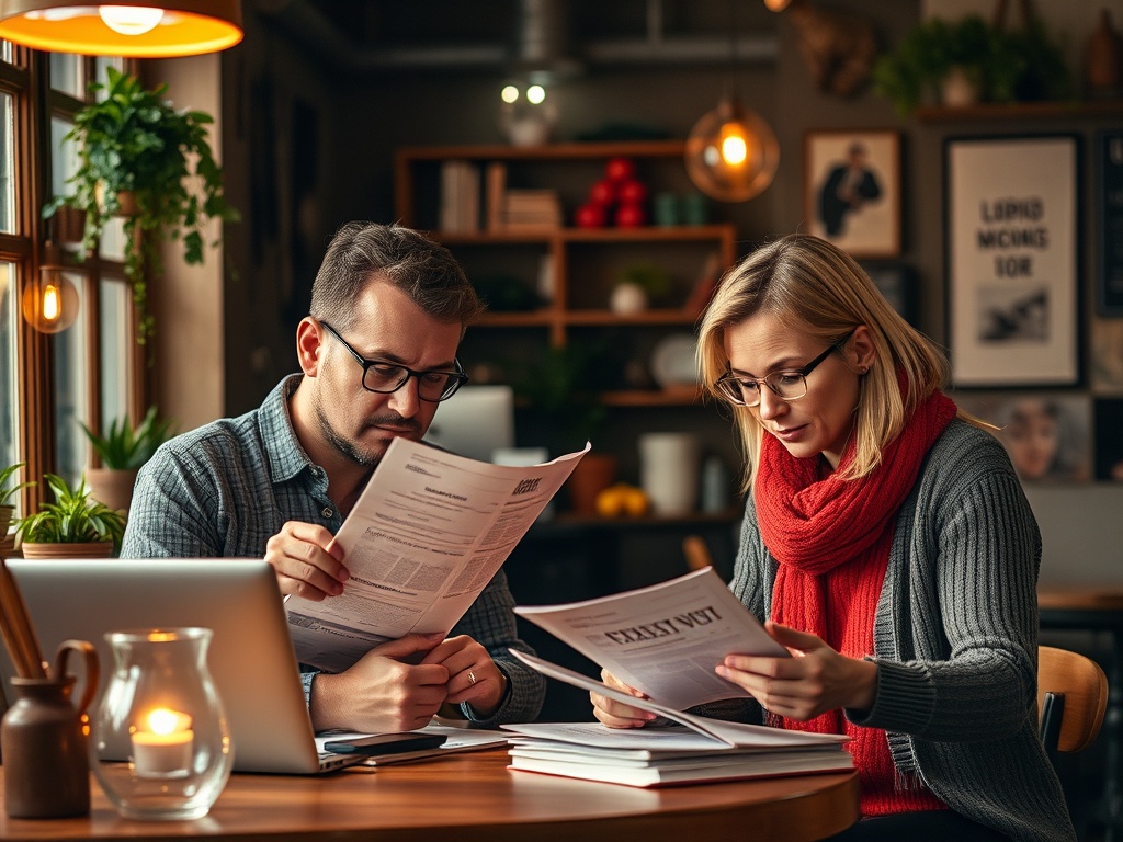 На фото два человека, изучающие документы за столом в уютном кафе с растениями и мягким светом.