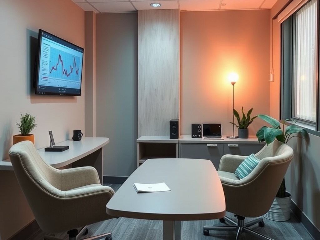 Современный офис с двумя креслами, столом, телевизором и растениями. Теплое освещение создает уютную атмосферу.