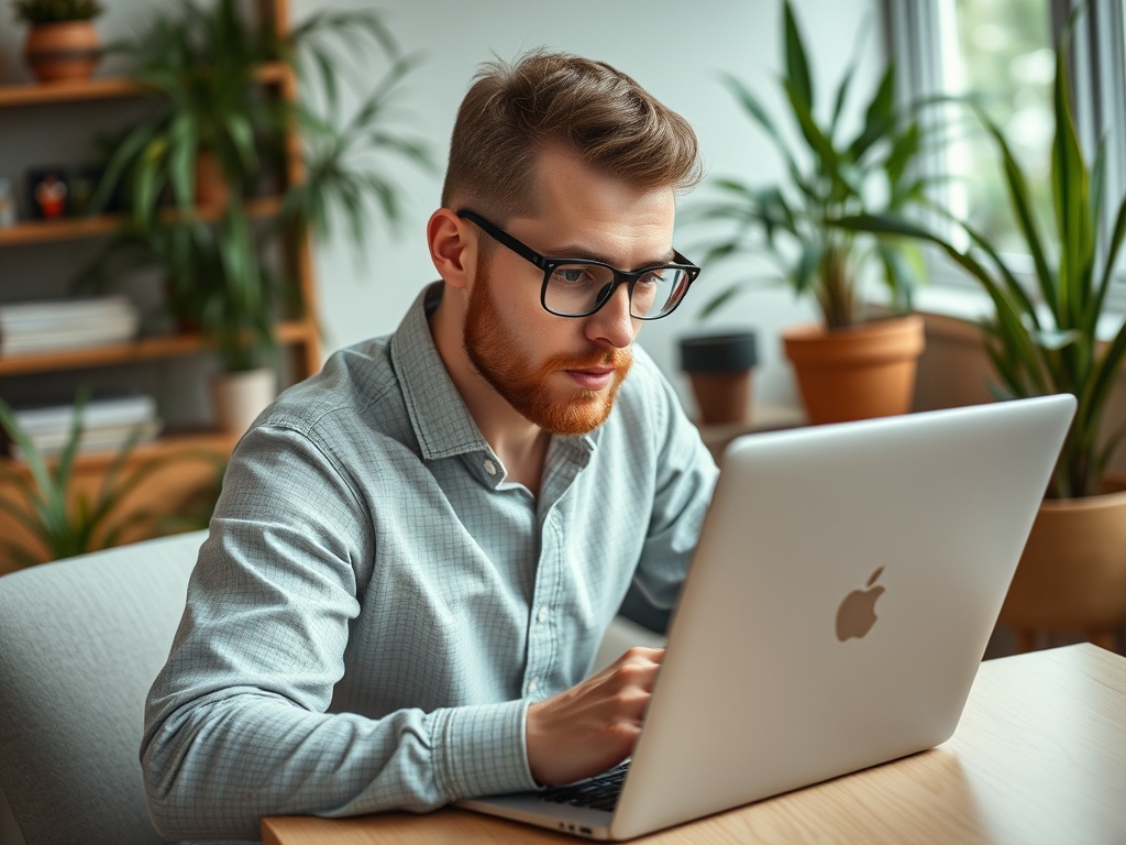 Мужчина в очках работает за ноутбуком в светлом офисе, окружённом зелеными растениями.