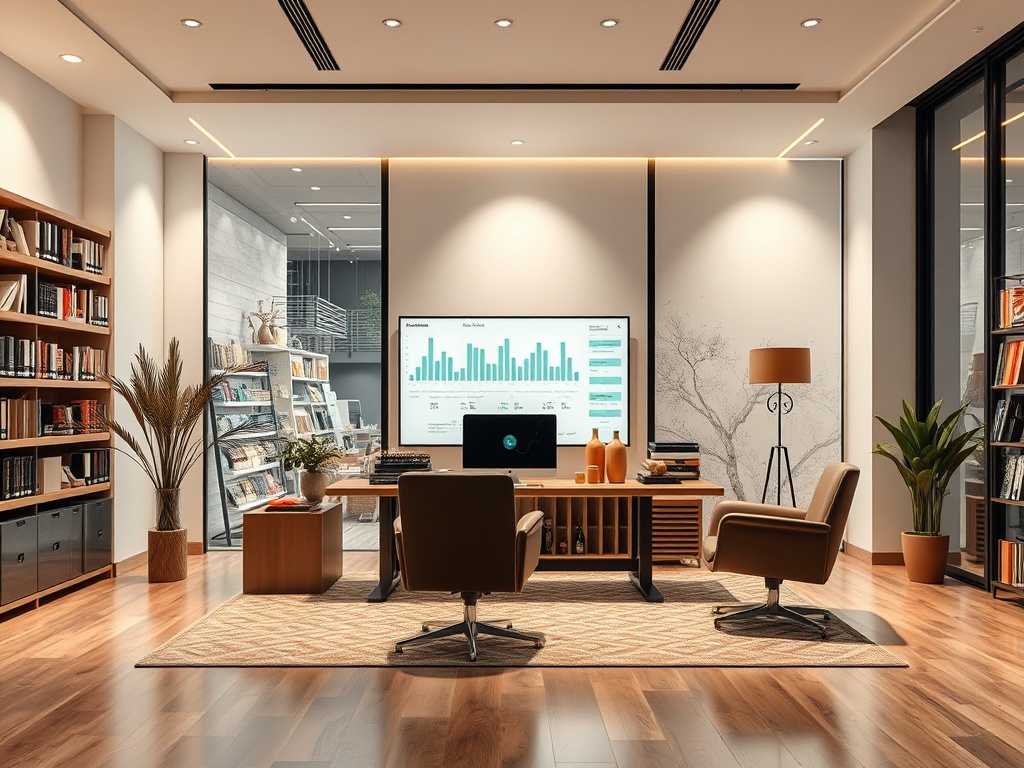 Современный офис с креслами, большим экраном и полками с книгами. Светлое пространство для работы.