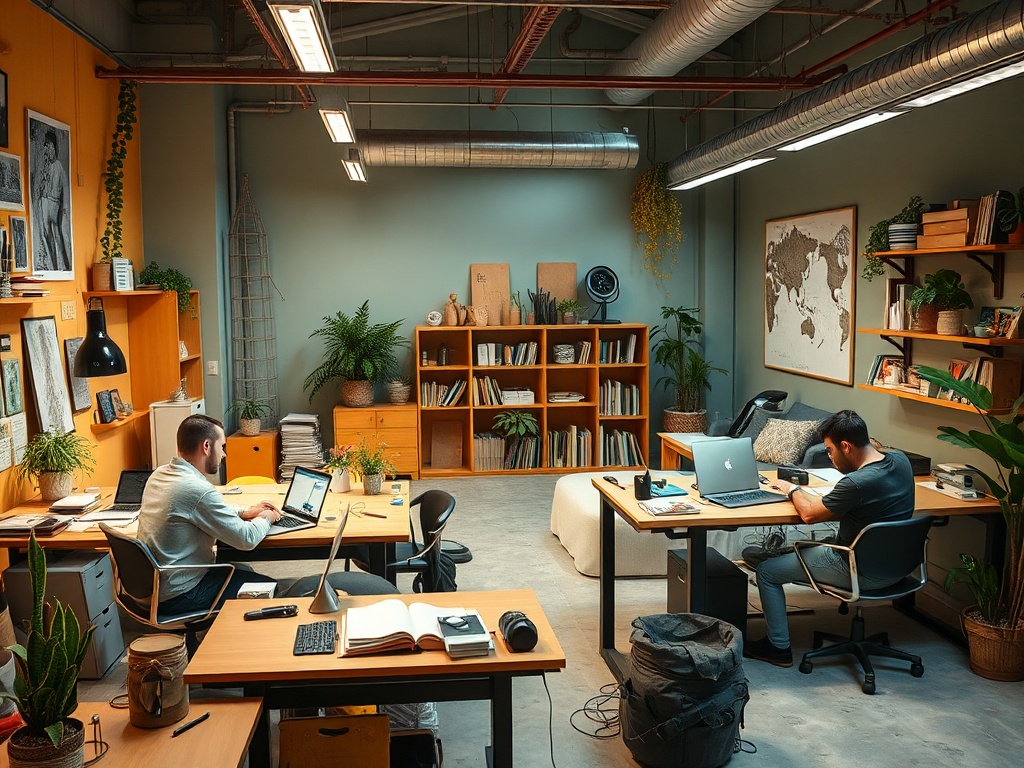 Спокойный офис с двумя рабочими местами, растениями и современной мебелью. Профессиональная атмосфера.